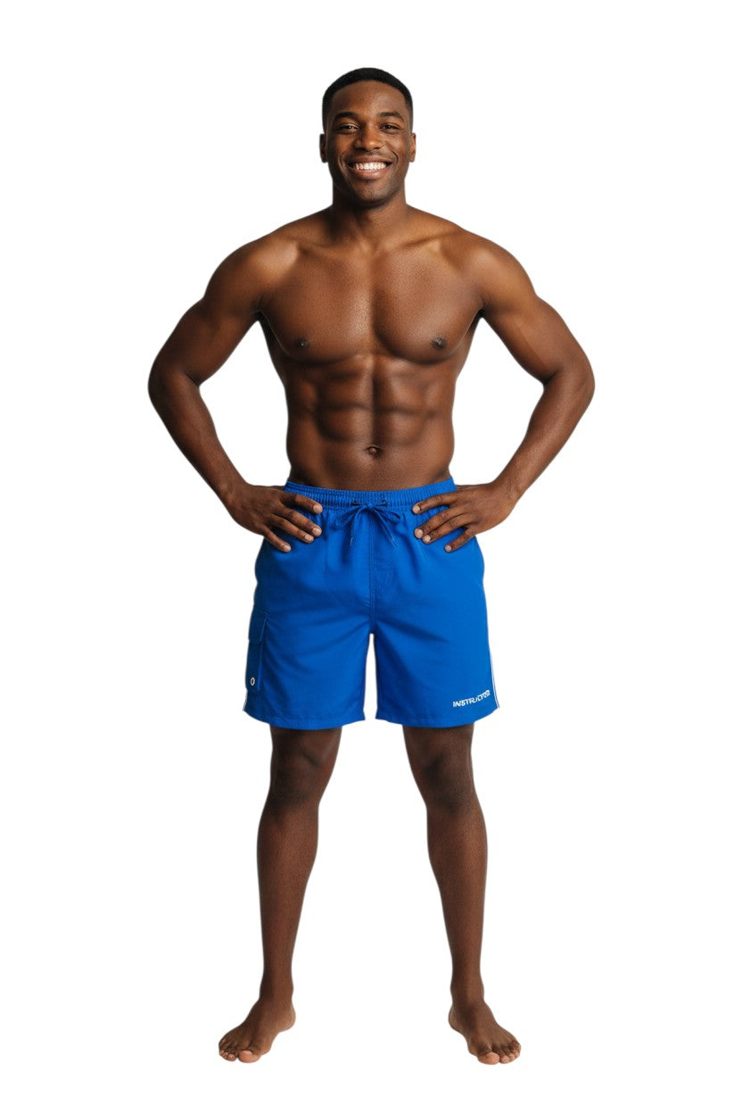 Kiefer Instructor Board Short in blue, shown on model