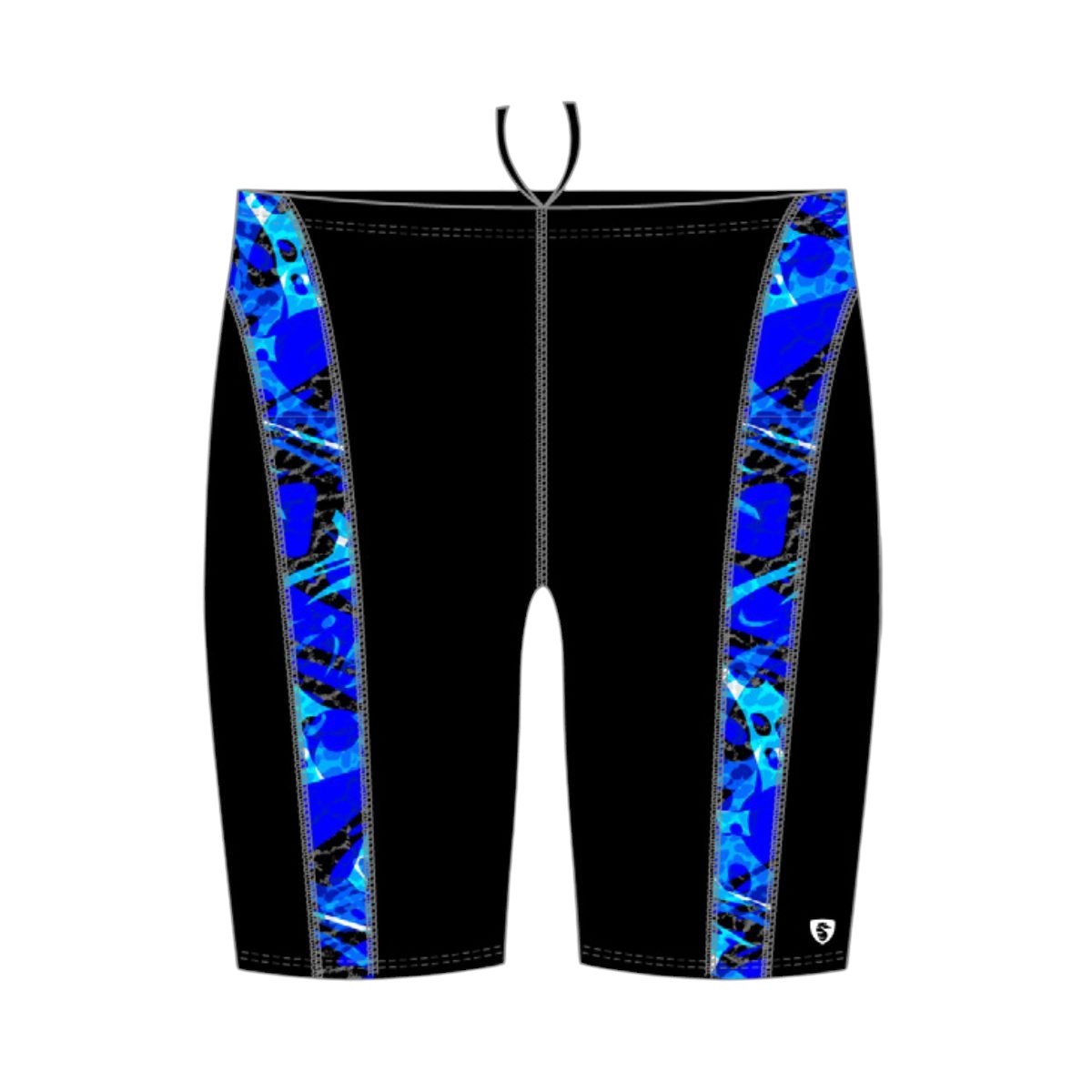 Kiefer Sandies Wave Daze Jammer in black with blue abstract side panels. Polyester/Spandex blend.
