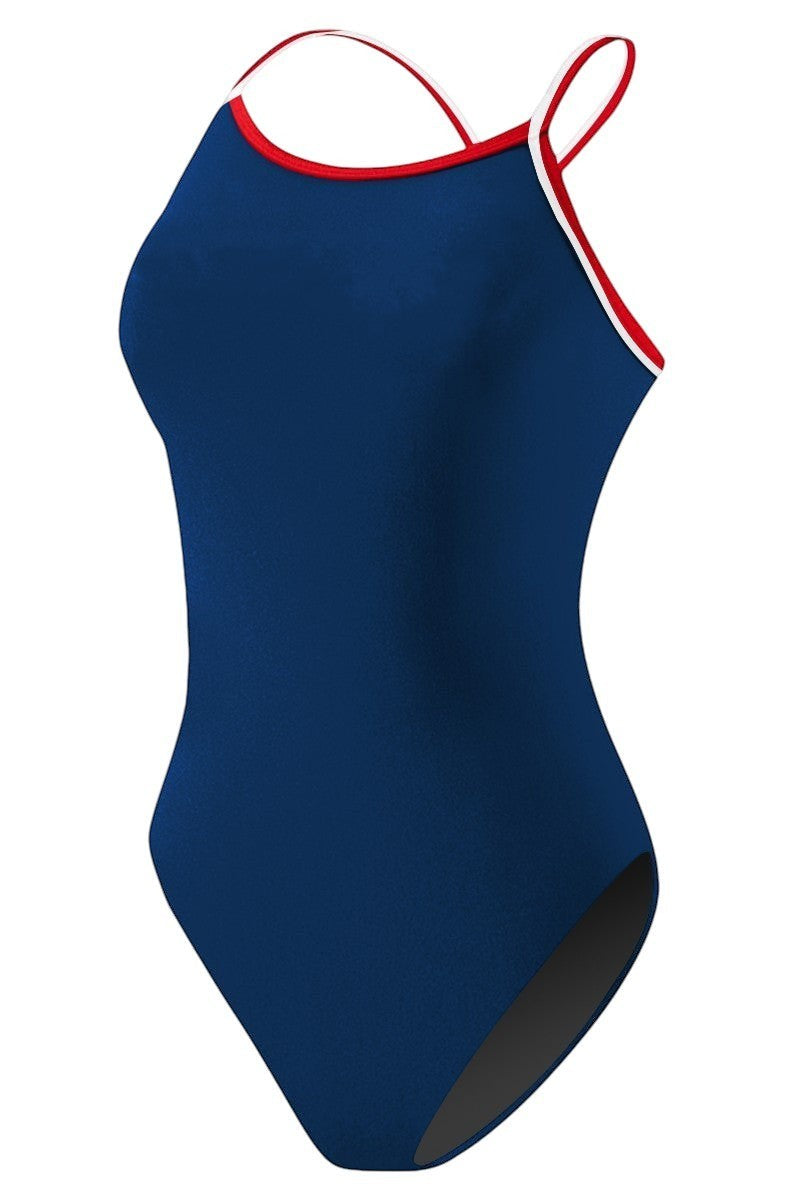 Kiefer RISE Guard H-Back Reversible One Piece Swimsuit in navy blue with red and white trim. Features UPF 50+ protection.