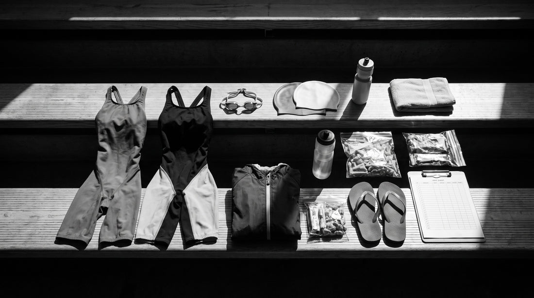 Packed swim meet bag flat lay with racing suits, spare goggles, caps, parka, towel and snacks