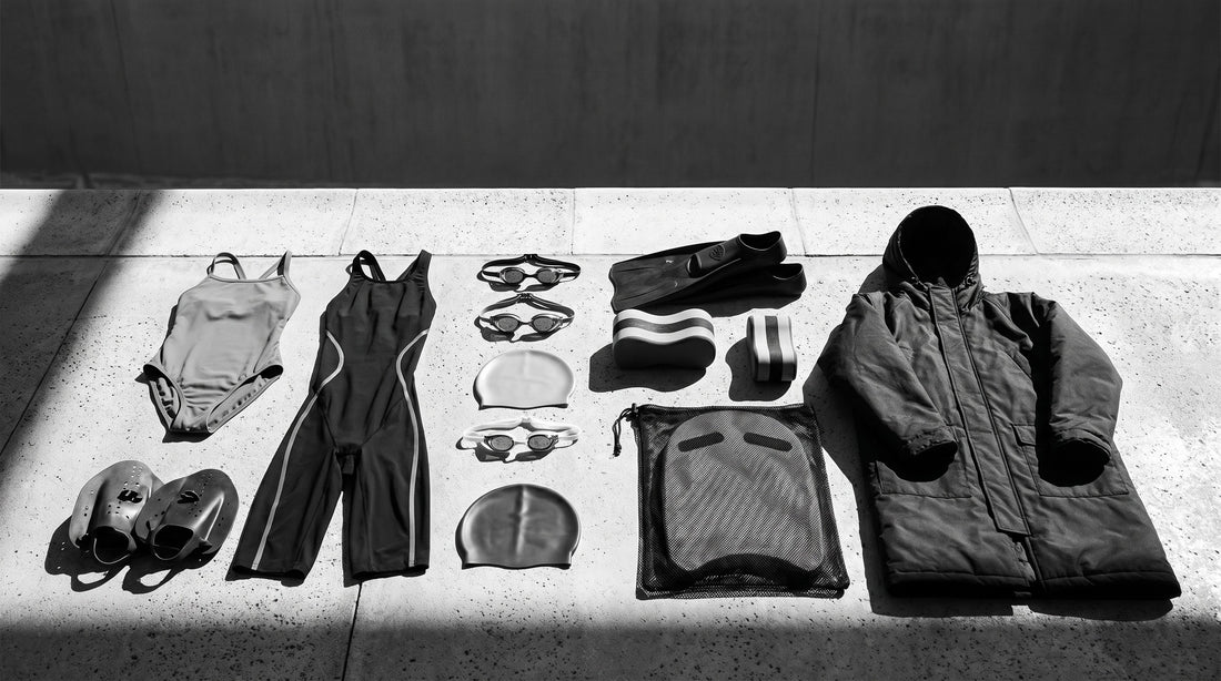 Season gear checklist flat lay with suits, goggles, caps, fins, paddles and a swim parka