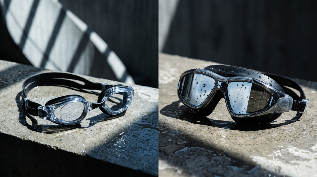 Low-profile pool racing goggles next to wide-view mirrored open water goggles