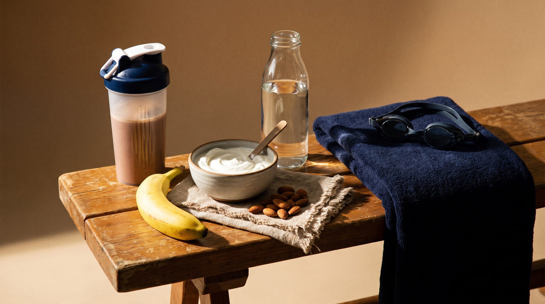 Post-practice nutrition on a bench with a recovery shaker, fruit, yogurt, nuts and water