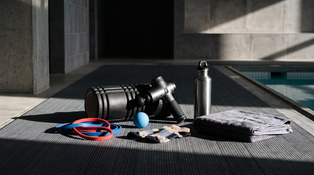 Swimmer recovery tools on a pool deck including foam roller, massage gun and resistance bands