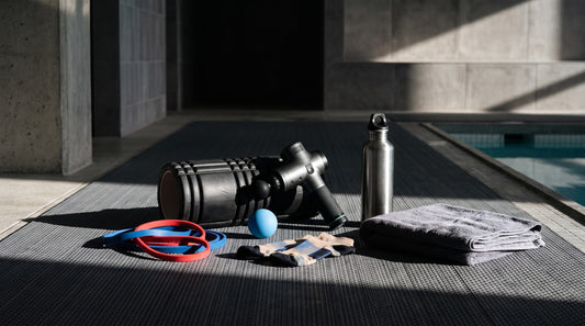 Swimmer recovery tools on a pool deck including foam roller, massage gun and resistance bands
