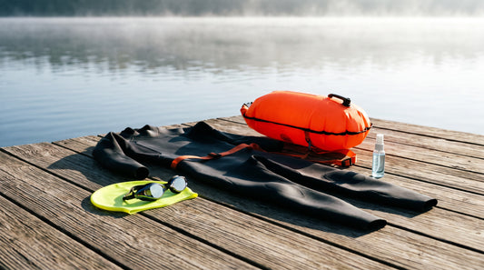 Open water swim gear on a dock including wetsuit, tow float buoy, mirrored goggles and cap