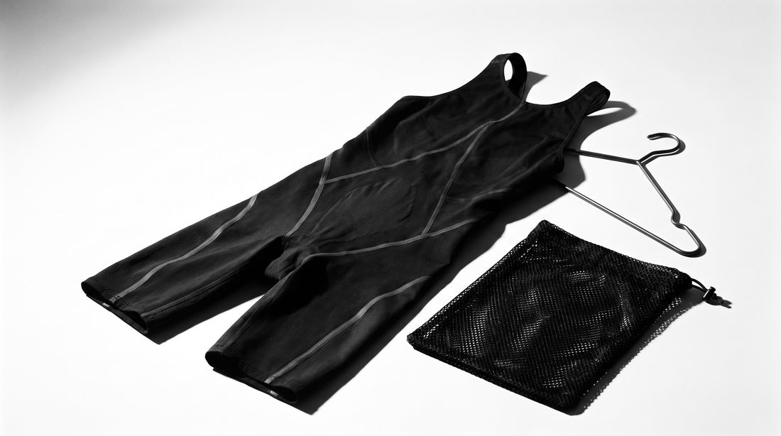 Racing tech suit laid flat showing bonded seams and compression panels beside a drying bag