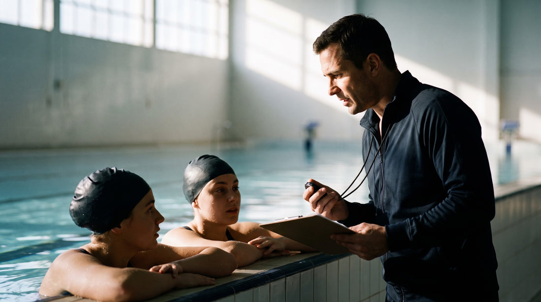 Swim coach with a stopwatch talking to swimmers resting on the wall during a taper session