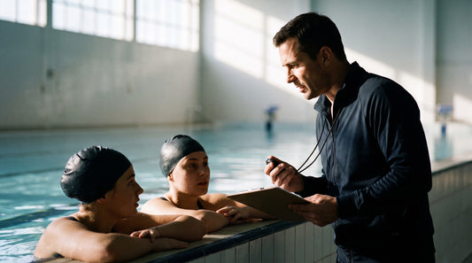 Swim coach with a stopwatch talking to swimmers resting on the wall during a taper session