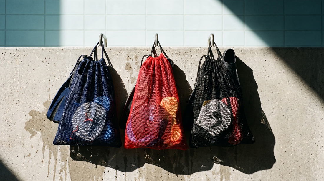 Mesh equipment bags hanging on a pool wall loaded with fins, paddles and pull buoys