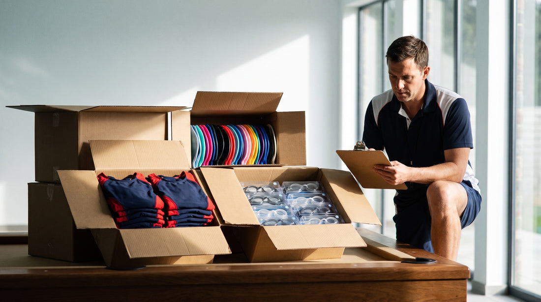 Bulk team gear order on a pool deck with boxes of training suits, caps and goggles