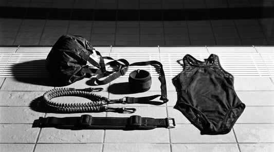 Swim resistance training tools including a drag chute, stretch cord, ankle strap and drag belt