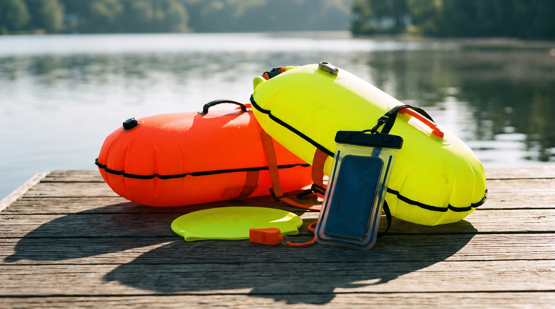 Open water safety gear on a dock including tow float buoys, bright cap and waterproof pouch