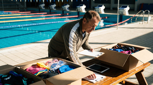 Swim coach placing a start-of-season gear order beside open boxes of caps, goggles and suits