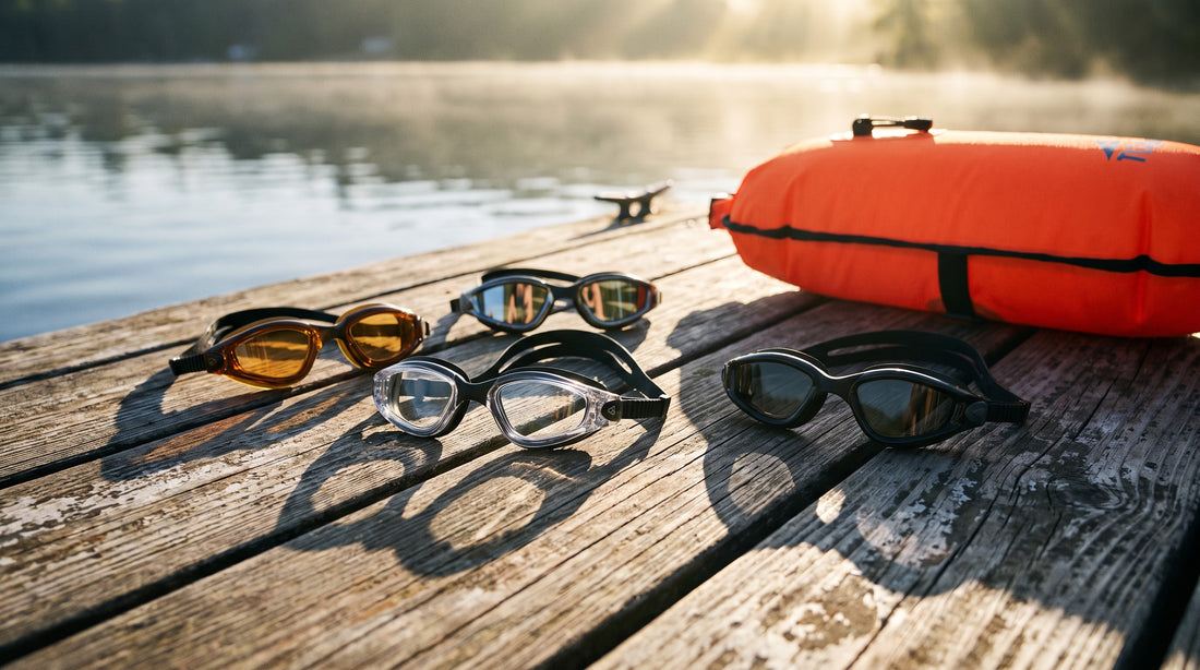 Four pairs of wide-view open water goggles on a dock beside an orange tow float