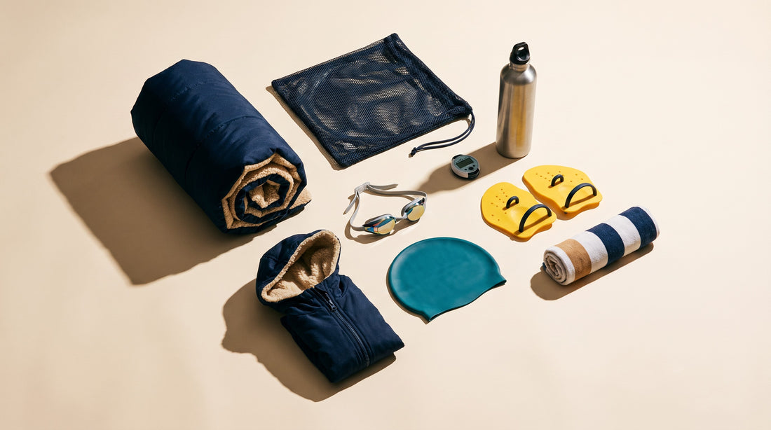 Gift flat lay for a competitive swimmer with goggles, cap, parka, mesh bag and training gear