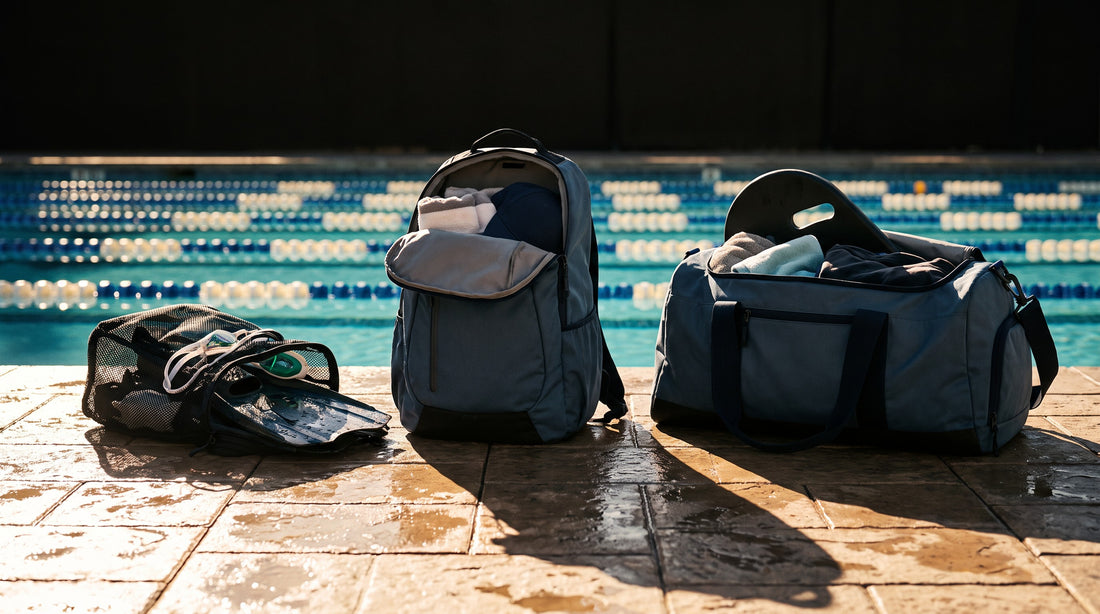 Small mesh bag, mid-size swim backpack and large meet duffel lined up for size comparison