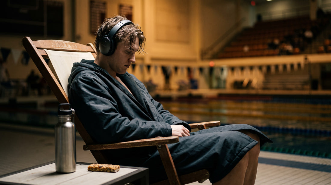 Swimmer resting between events at a meet in a swim parka with water and a snack
