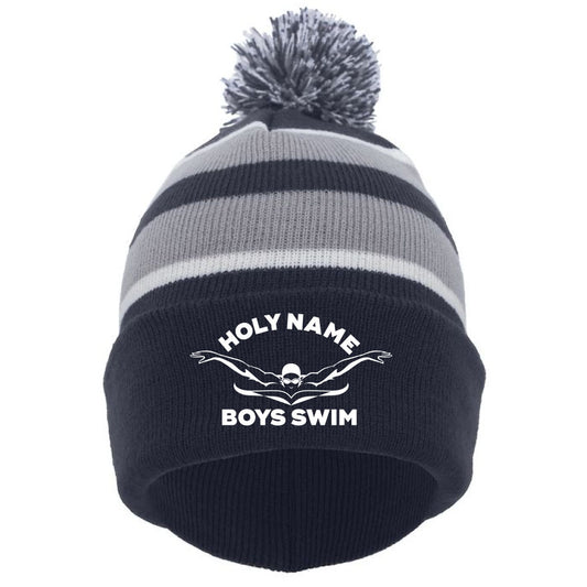 Holy Name Boys Augusta Knit Foldover Pom-Pom Beanie - Navy/Silver/White