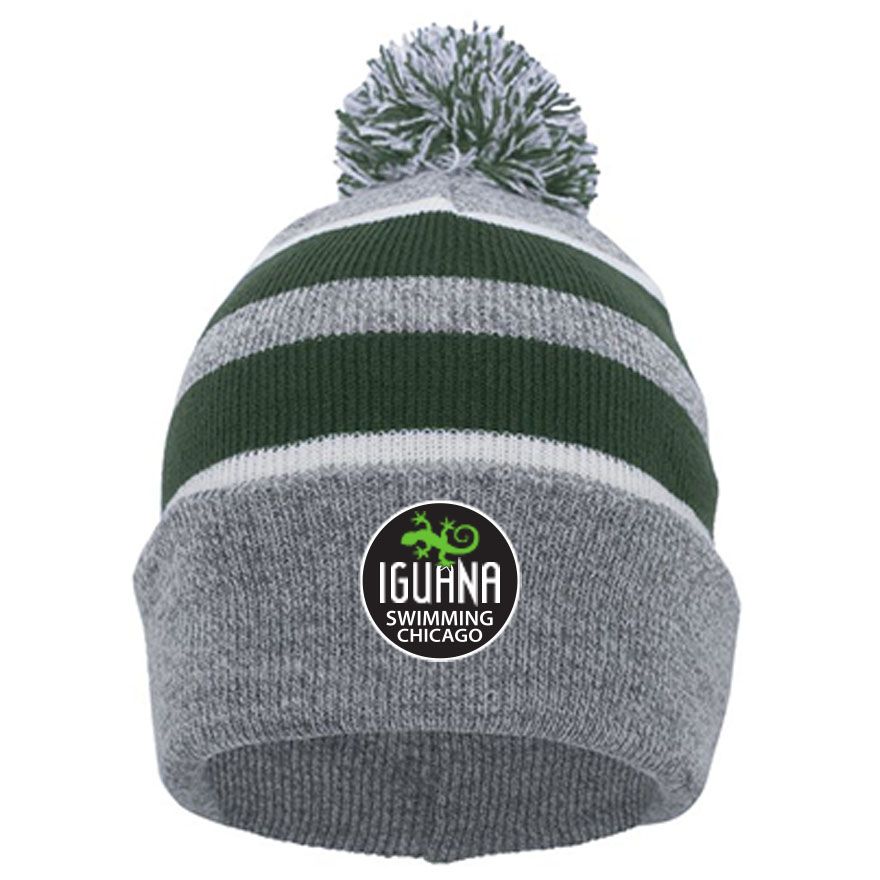Iguana Swimming Pom-Pom Beanie-Heather/Dark Green/White
