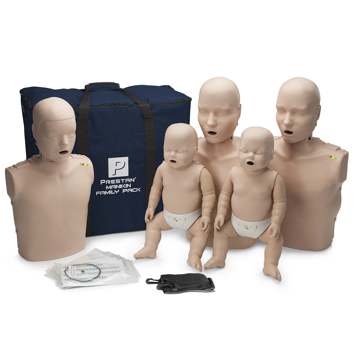Prestan Family Pack- 2 Adult, 1 Child and 2 Infant Manikins with Rate Monitor-Light Skin