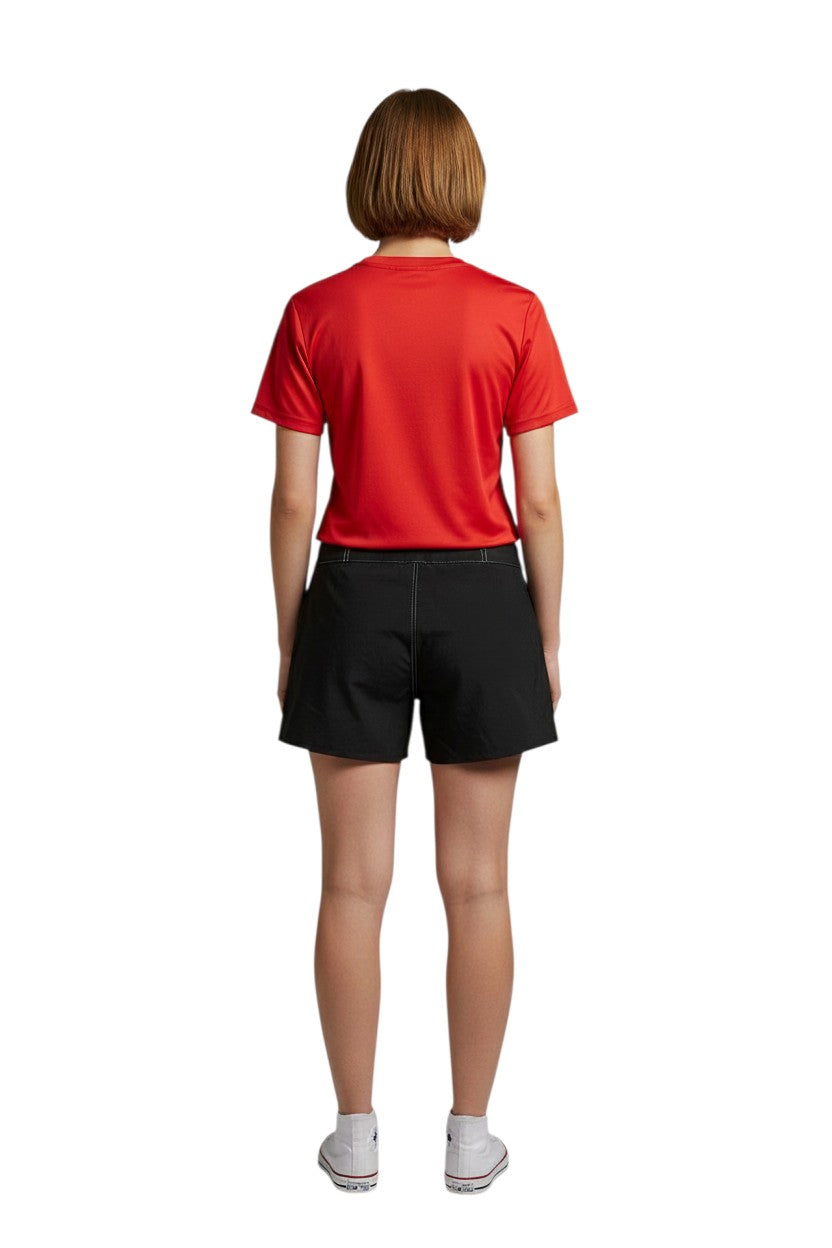 Black polyester-spandex board shorts with white contrast stitching and a drawstring waist.