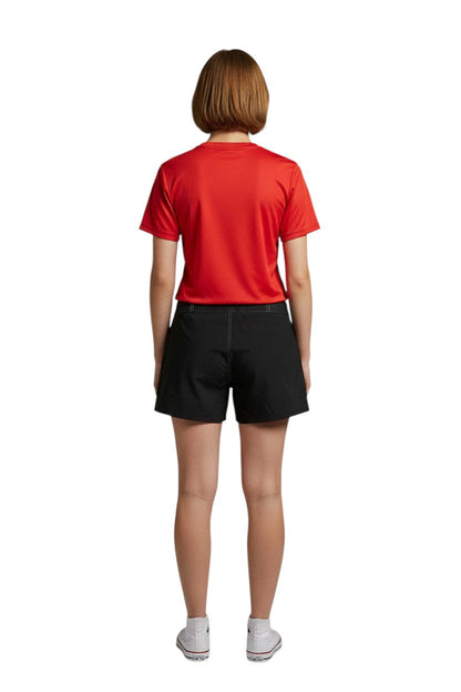 Black polyester-spandex board shorts with white contrast stitching and a drawstring waist.