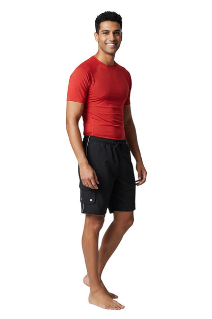 RISE Solid Male Flex Board Short in black, shown on model