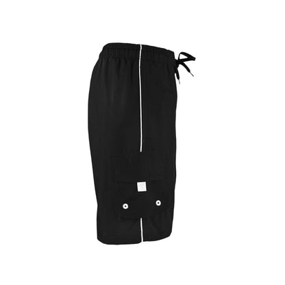 Kiefer black polyester board shorts with white piping, cargo pocket, and drawstring.