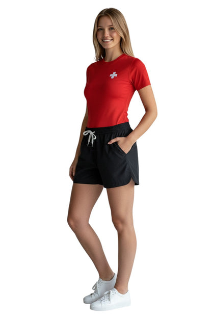Black polyester comfy shorts with elastic waistband, drawstring, and two front pockets. UPF30+ UV protection.