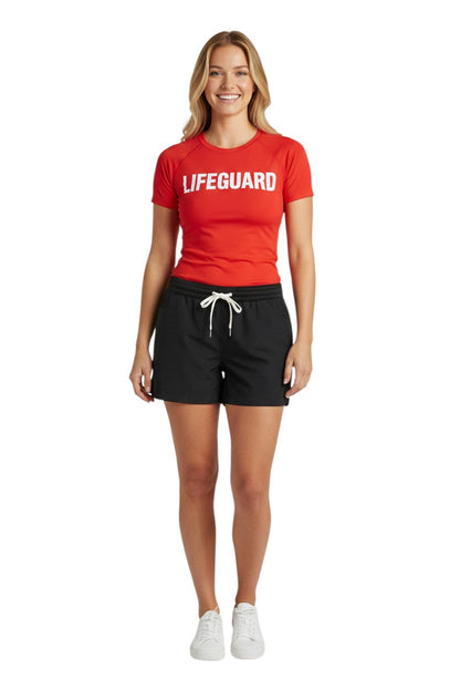 Black polyester comfy shorts with elastic waistband, drawstring, and two front pockets. UPF30+ UV protection.
