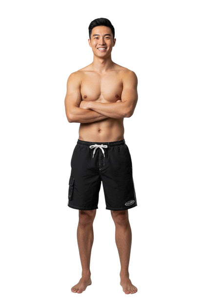 Black polyester-spandex boardshorts with white drawstring, contrast stitching, and GUARD logo.