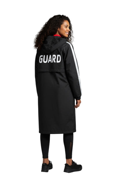 Black nylon parka with white stripe accents on sleeves and GUARD text on back. Water-resistant with fleece lining.