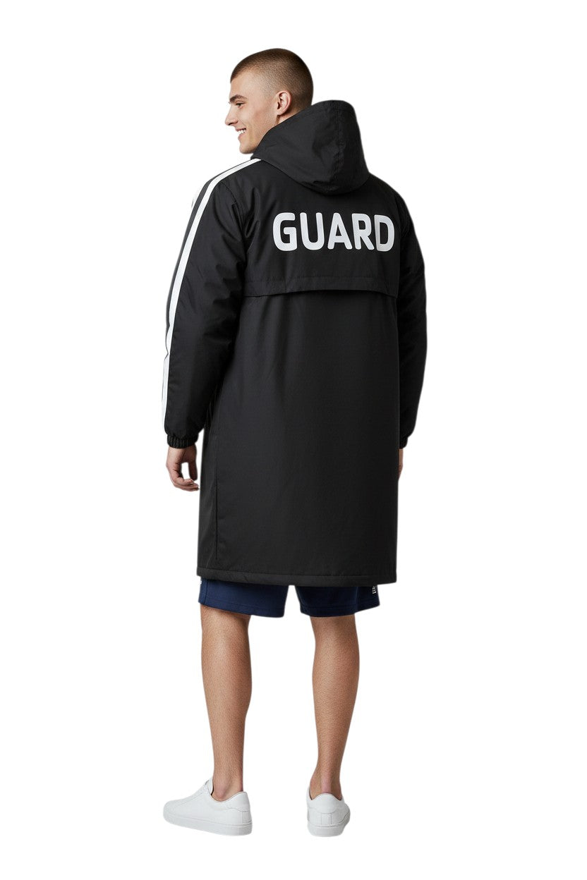 Black nylon parka with white stripe accents on sleeves and GUARD text on back. Water-resistant with fleece lining.