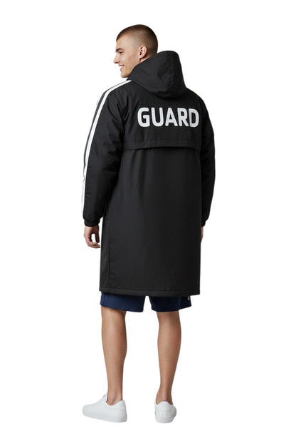 Black nylon parka with white stripe accents on sleeves and GUARD text on back. Water-resistant with fleece lining.