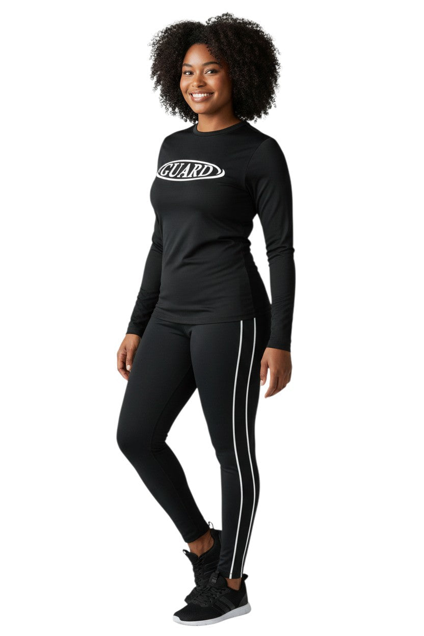 RISE Guard Long Sleeve Crew Neck Rashguard in black, shown on model