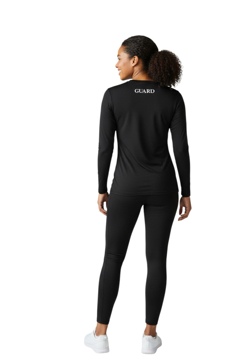 RISE Guard Long Sleeve Crew Neck Rashguard in black, shown on model