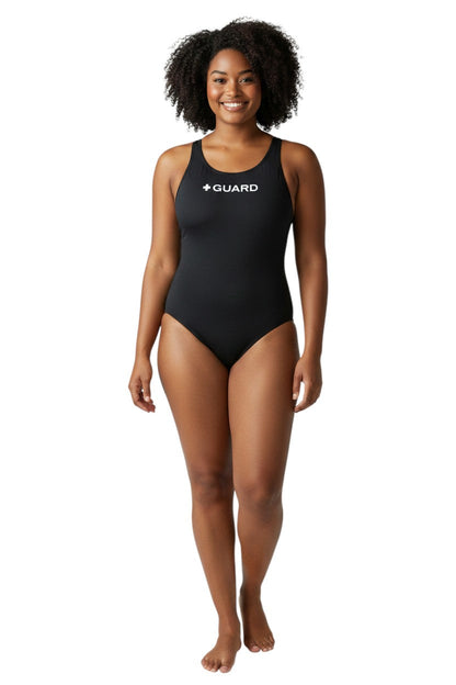 Kiefer black poly-stretch one-piece swimsuit with shelf bra and + GUARD logo
