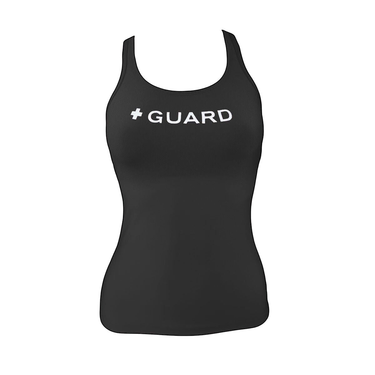 Kiefer black racer back tankini top with white + GUARD text. Made of poly-spandex blend with UPF50+ protection.
