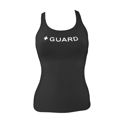 Kiefer black racer back tankini top with white + GUARD text. Made of poly-spandex blend with UPF50+ protection.