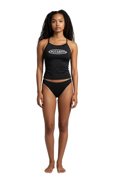Kiefer black RISE Guard poly workout tankini with white GUARD logo on a model