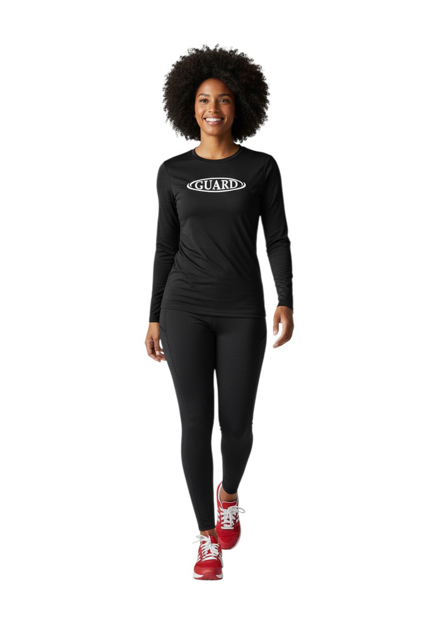RISE Guard Long Sleeve Crew Neck Rashguard in black, shown on model