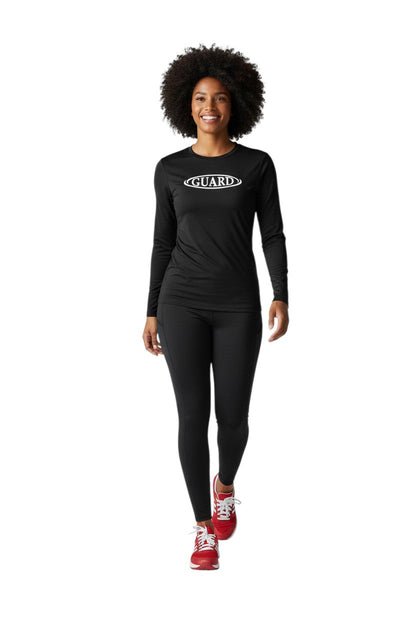 RISE Guard Long Sleeve Crew Neck Rashguard in black, shown on model
