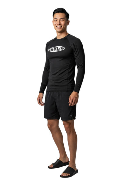 RISE Guard Long Sleeve Crew Neck Rashguard in black, shown on model