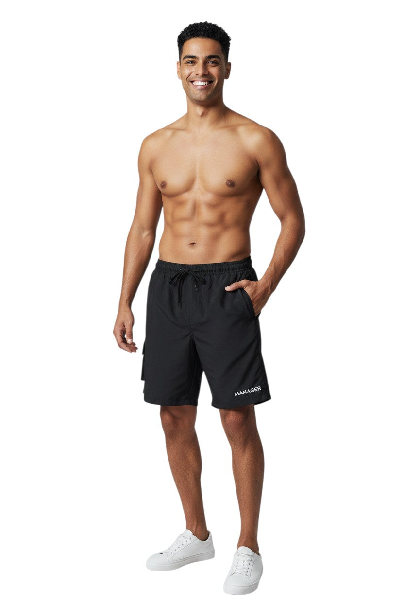 Kiefer Manager Board Short in black, shown on model