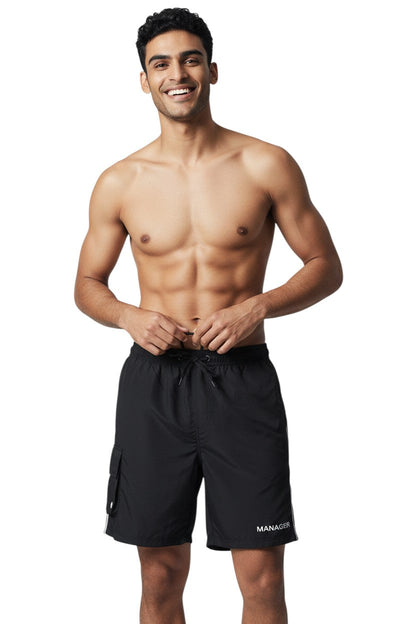 Kiefer Manager Board Short in black, shown on model