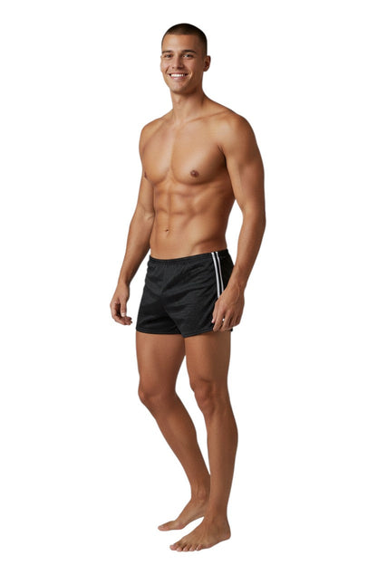 Kiefer black polyester mesh trainer shorts with white side stripes. Designed for swimming practice to increase drag.