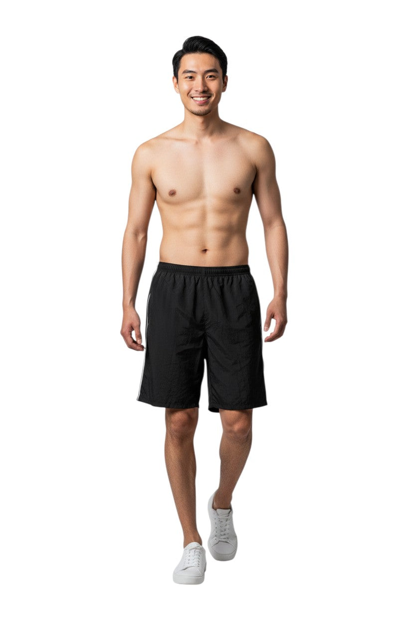 Kiefer black nylon trunks with white side piping and elastic waistband.