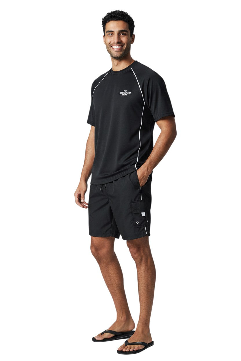 RISE Guard Male Flex Board Short in black, shown on model