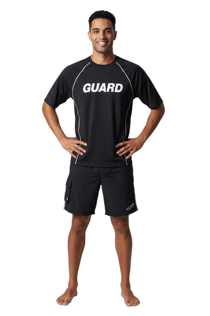 RISE Guard Male Flex Board Short in black, shown on model